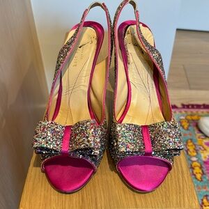 Kate Spade charm, multi glitter, hot pink satin shoe size 10